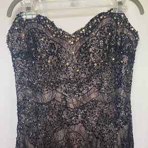 Strapless Alyce Mini Black Lace and Sequin Homecoming Dress with Nude Underlay